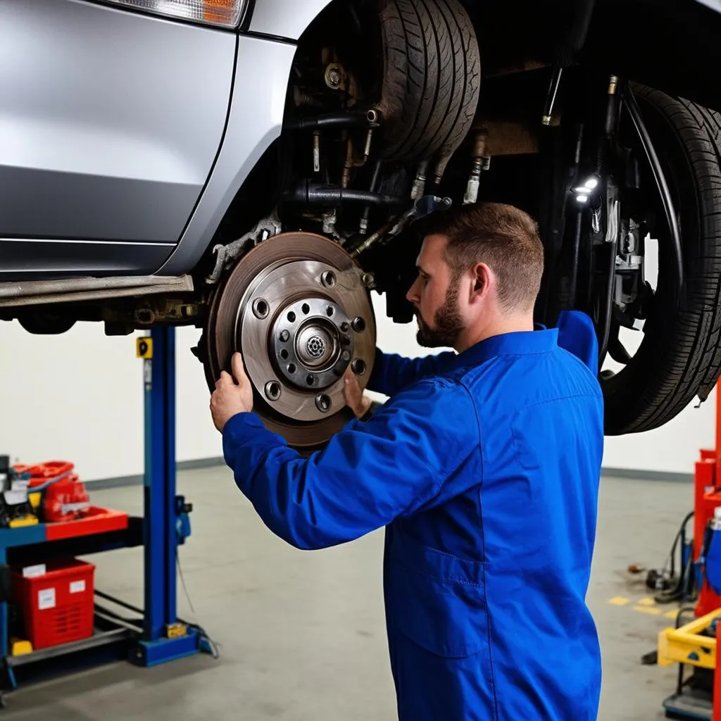 Mechanic inspecting a car's brake system