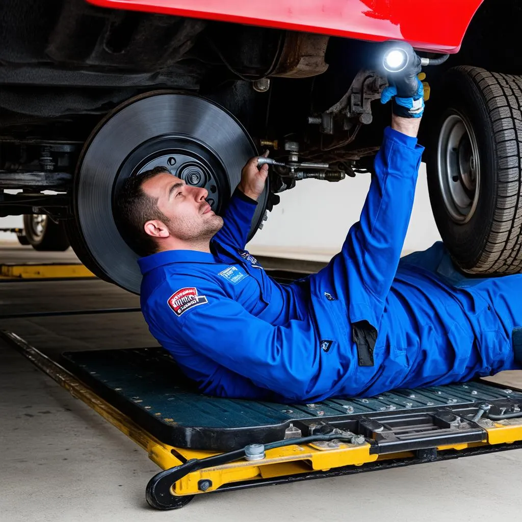 Mechanic inspecting a car's brake system with a flashlight