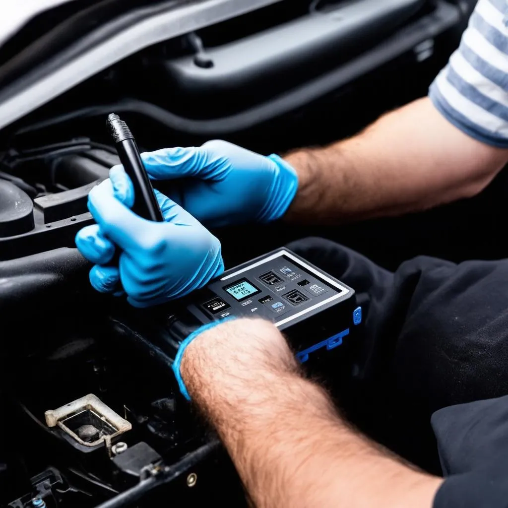 A mechanic carefully examines a used heavy equipment diagnostic tool for any signs of damage.