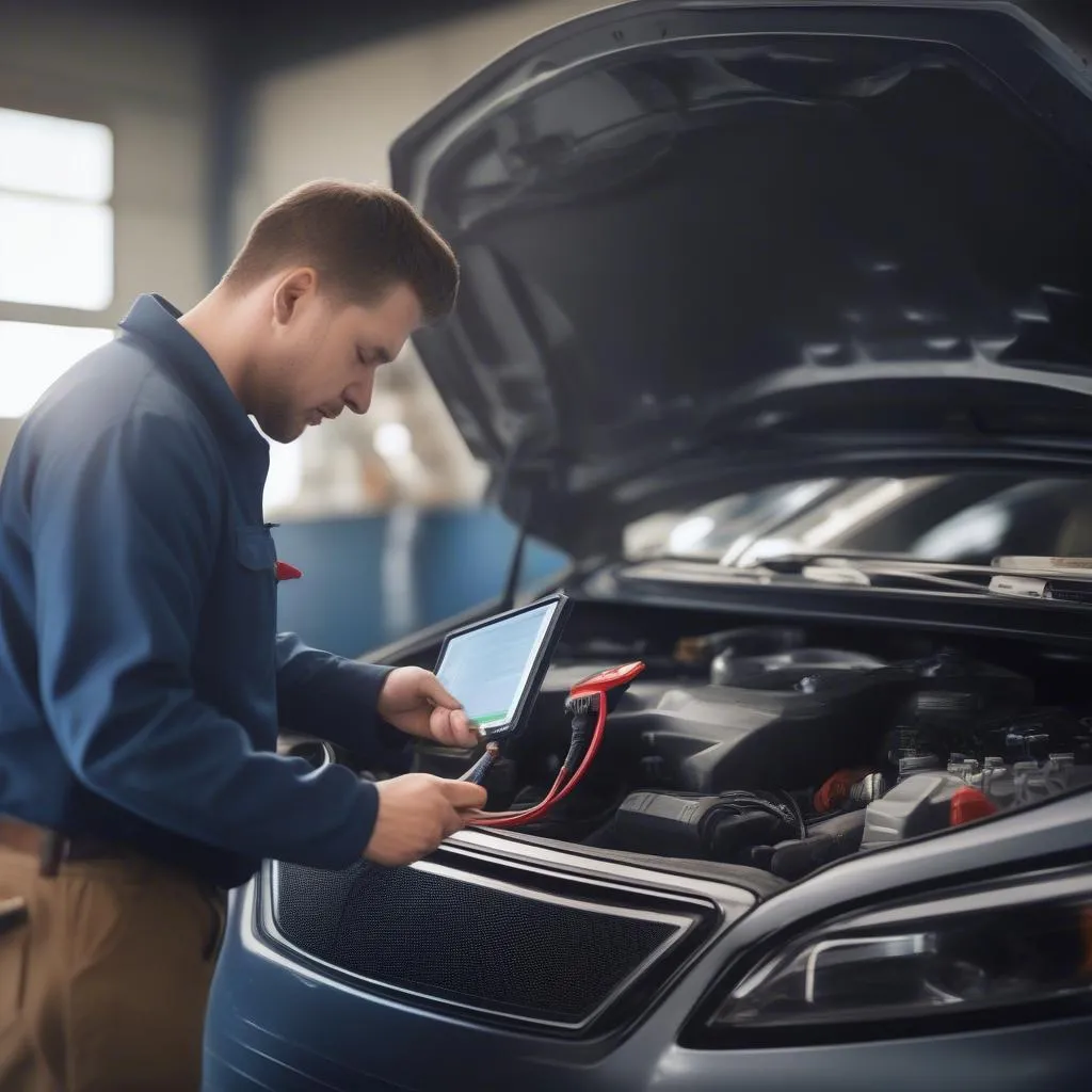 Mechanic using MDI scan tool in garage