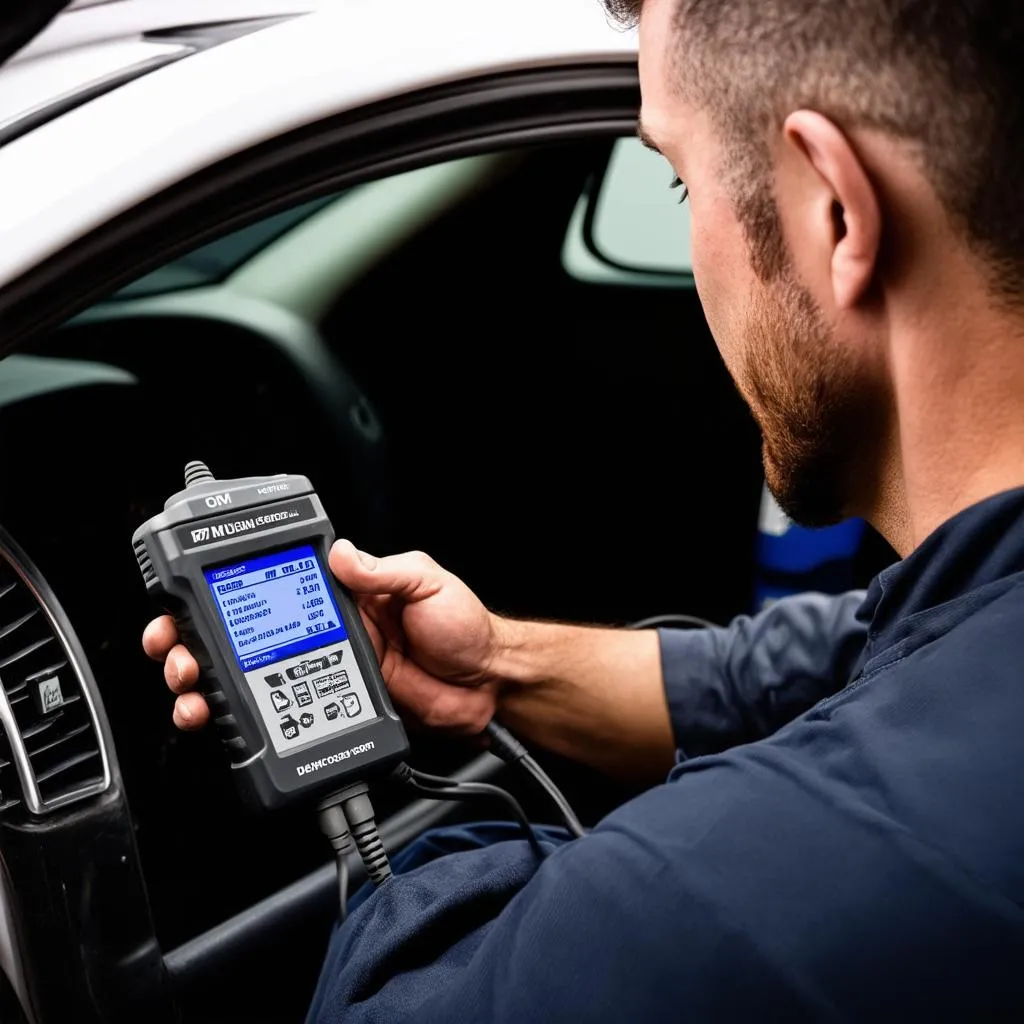 Mechanic using an OEM scan tool on a car in a repair shop