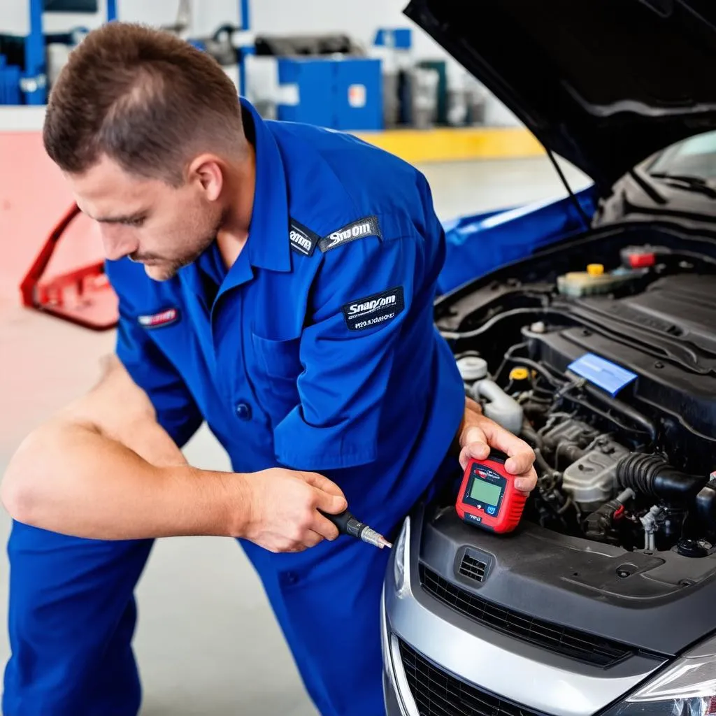 A mechanic using a Snap-on scan tool to diagnose a car problem