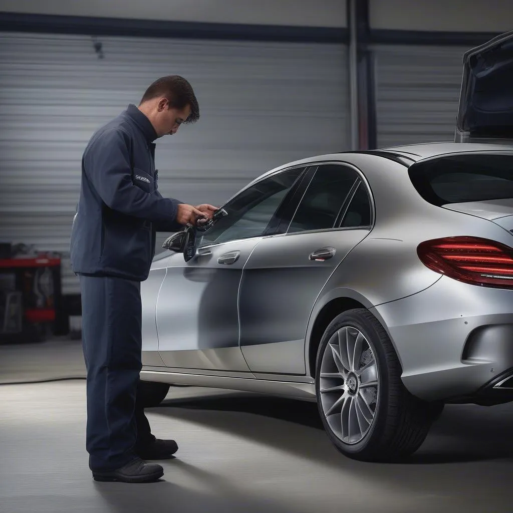 Mechanic using Snap-on scanner on Mercedes-Benz