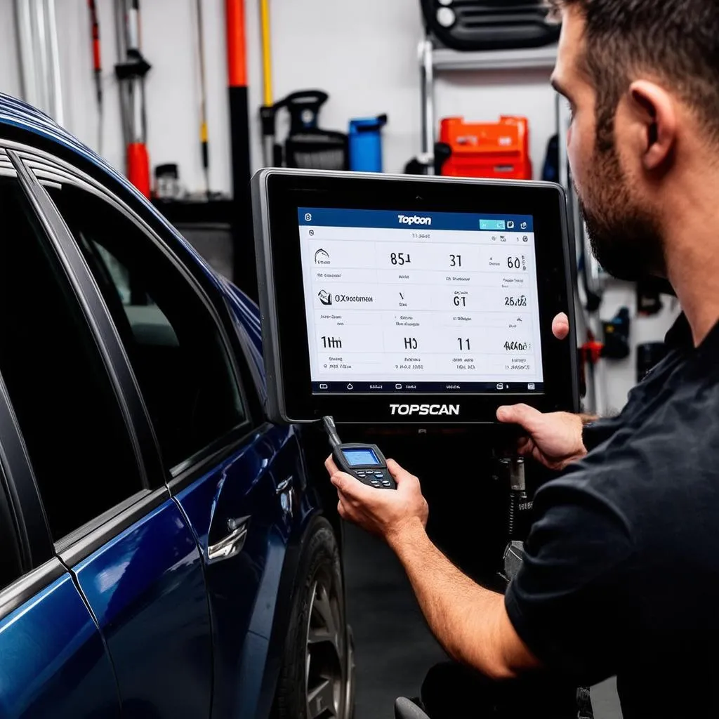 Mechanic using Topdon TopScan in a garage