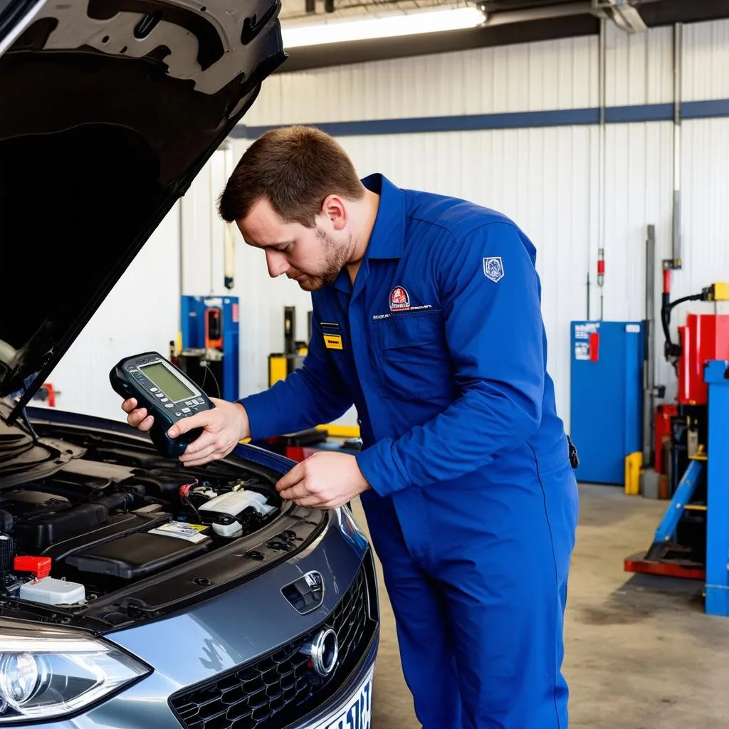 Mechanic using a professional diagnostic scanner on a car