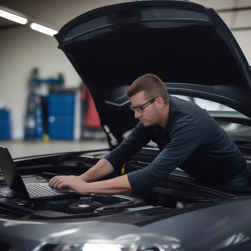 Mechanic using diagnostic software on laptop to analyze a 2013 Chrysler car