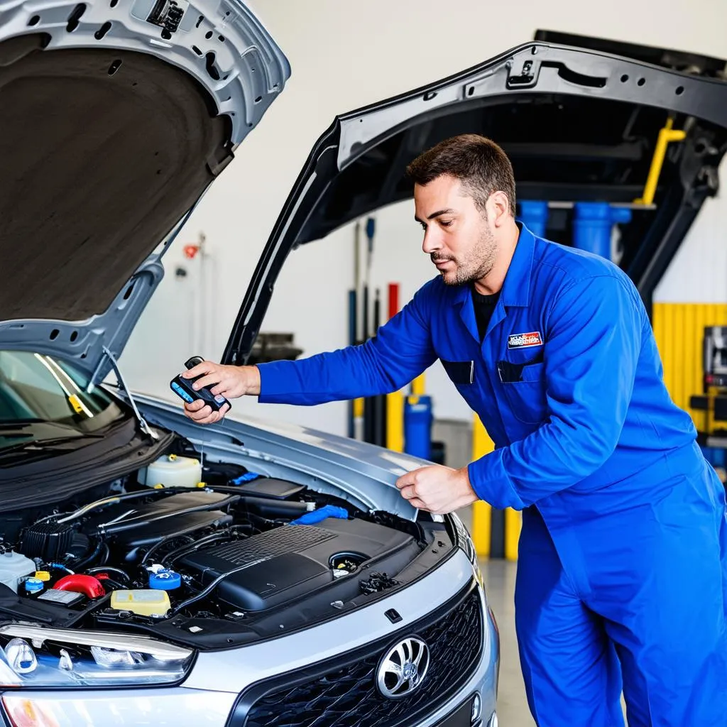 Mechanic using a diagnostic tool on a car