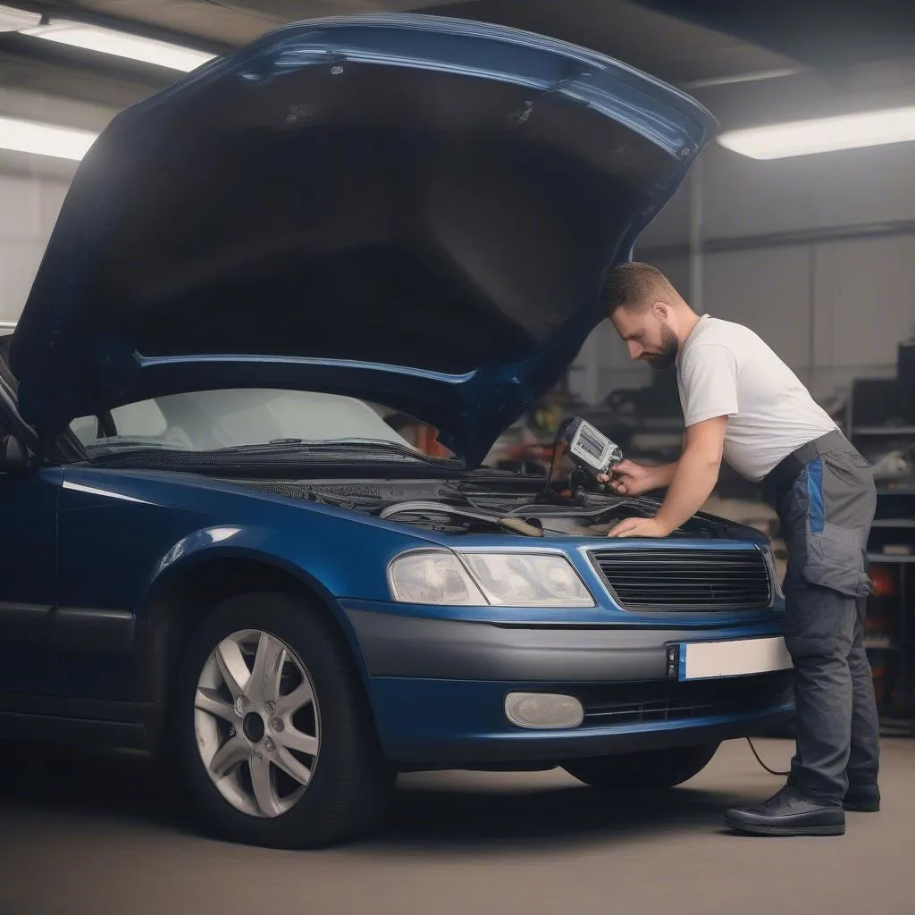 Mechanic using a diagnostic tool on a European car