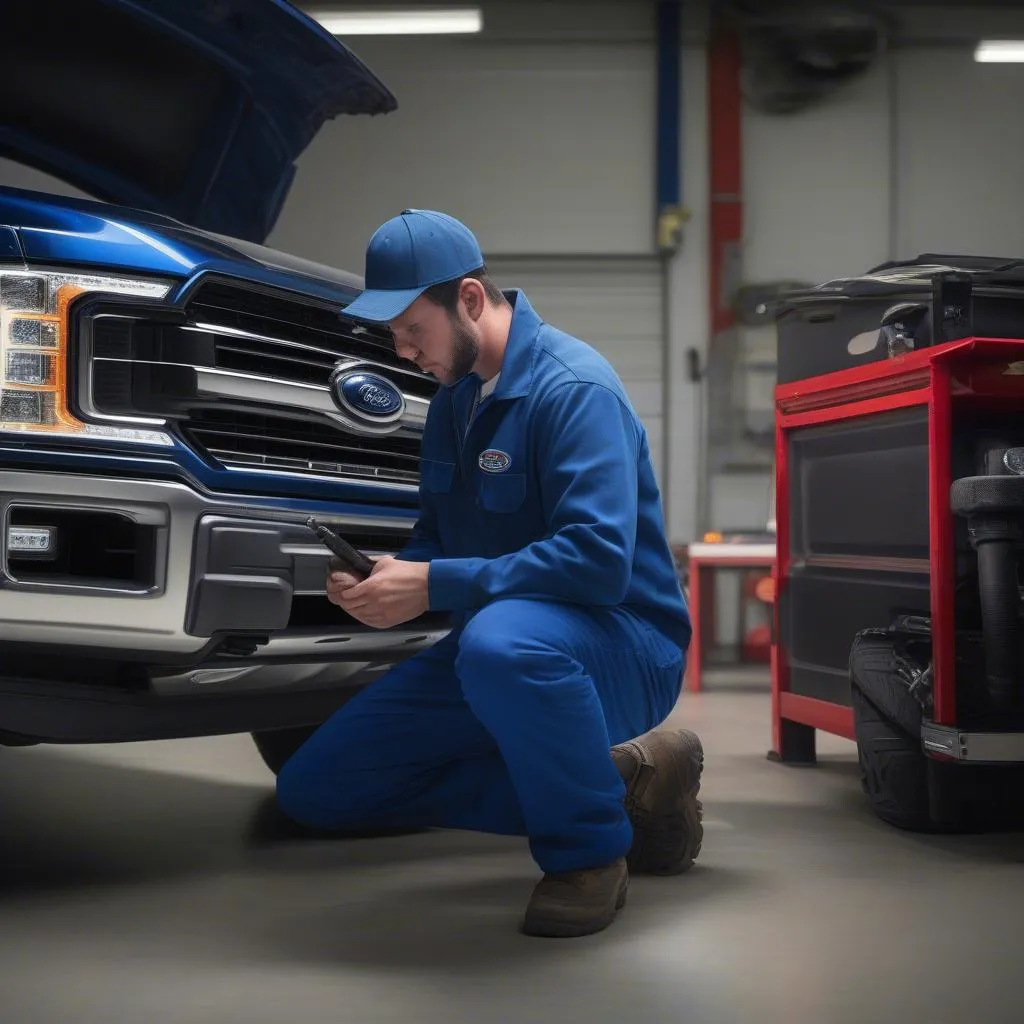 Mechanic Using Ford Diagnostic Tool