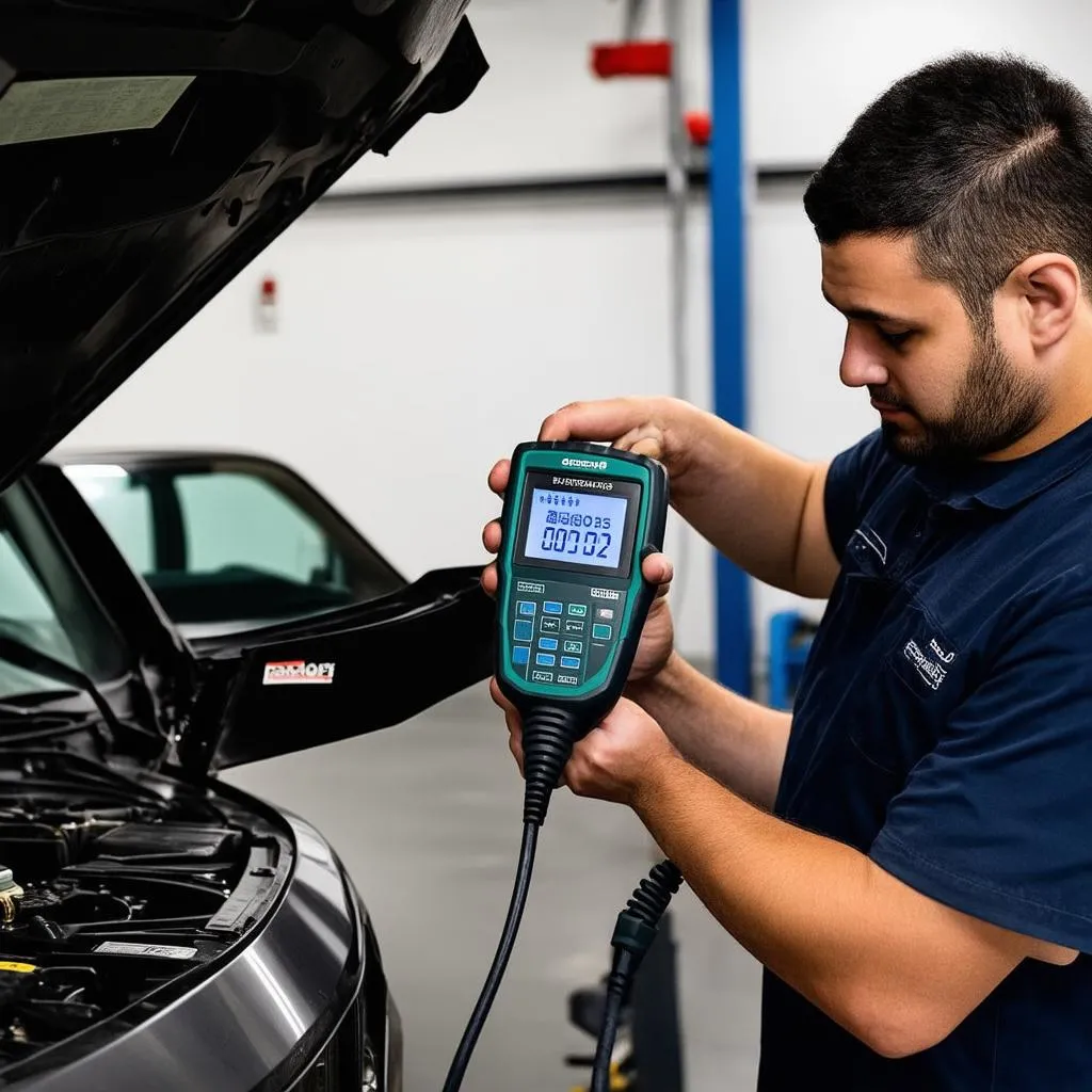 Mechanic diagnosing a car battery with a scan tool