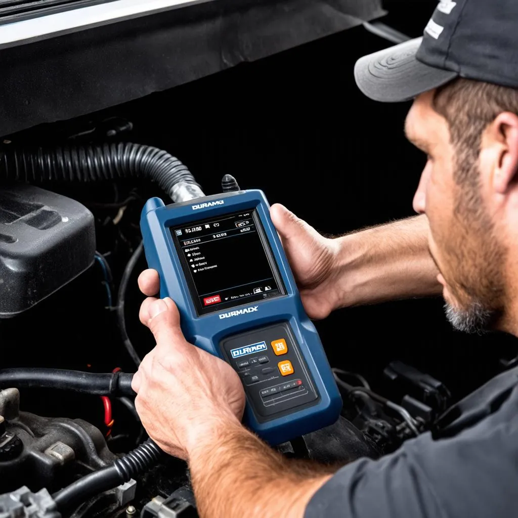 Mechanic Using Scan Tool on 2011 Duramax Diesel