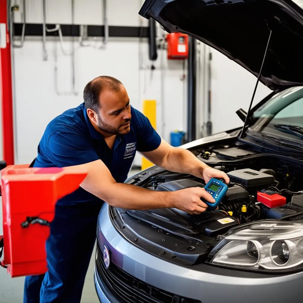 Mechanic Diagnosing Car with Scan Tool