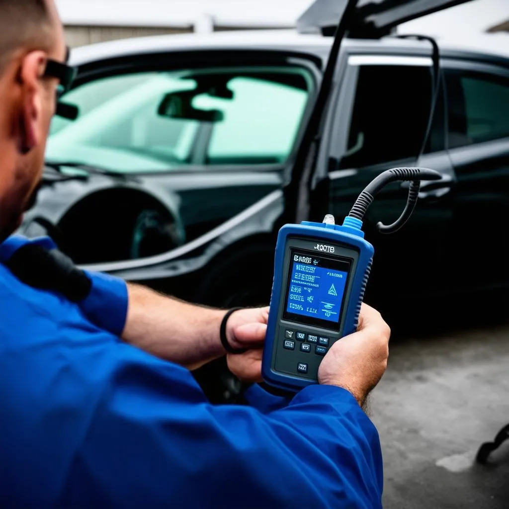 A mechanic uses a high-tech scan tool to diagnose a car's engine problem in a professional garage.