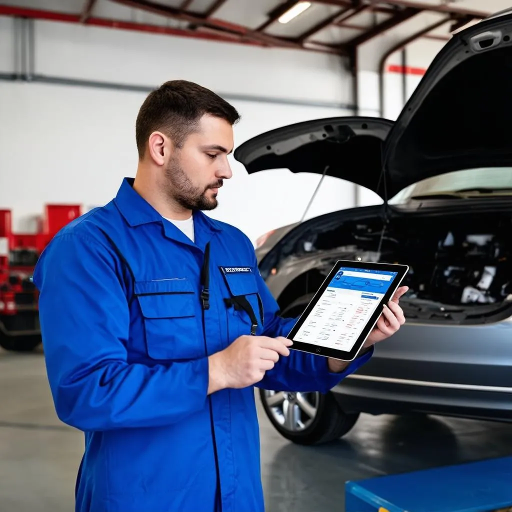 Mechanic using a tablet to diagnose a car problem