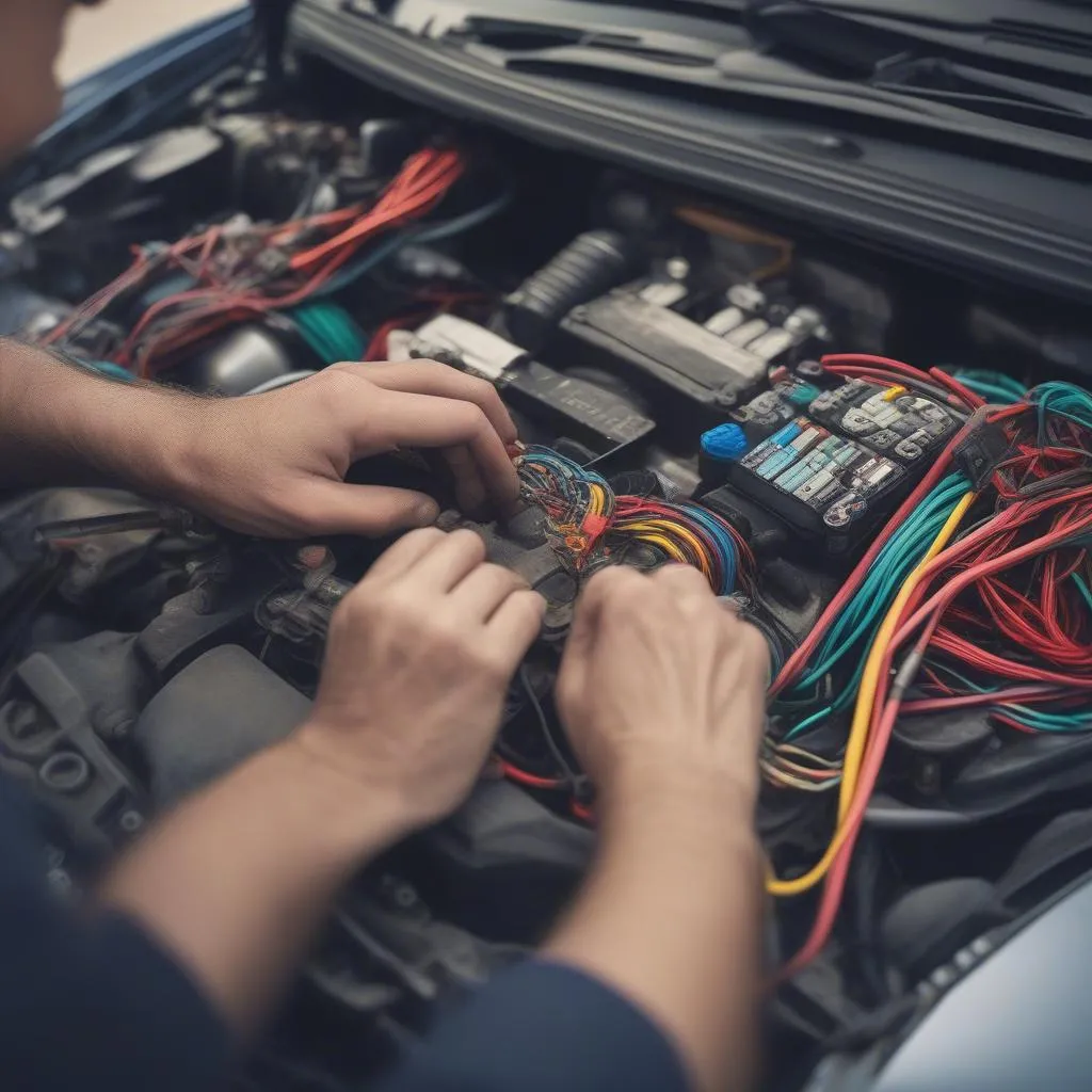 Close-up of a mechanic's hands working on the electrical system of a car.