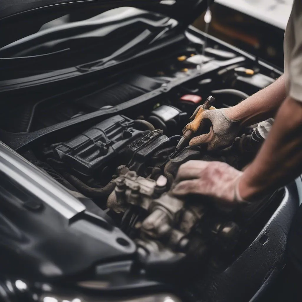 A mechanic working diligently on a car engine in a well-equipped garage.