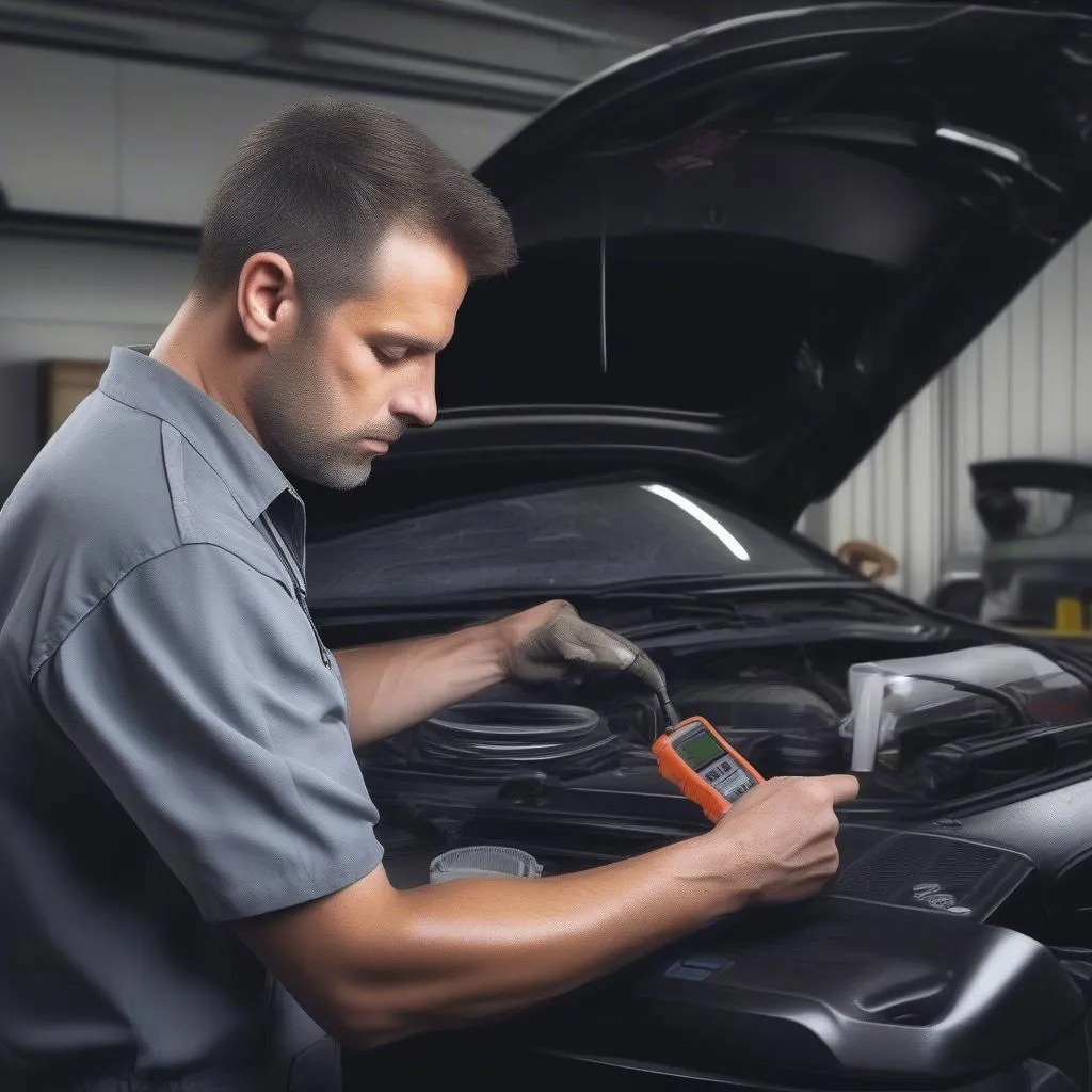 A mechanic uses a MODIS scan tool to diagnose a car engine issue.