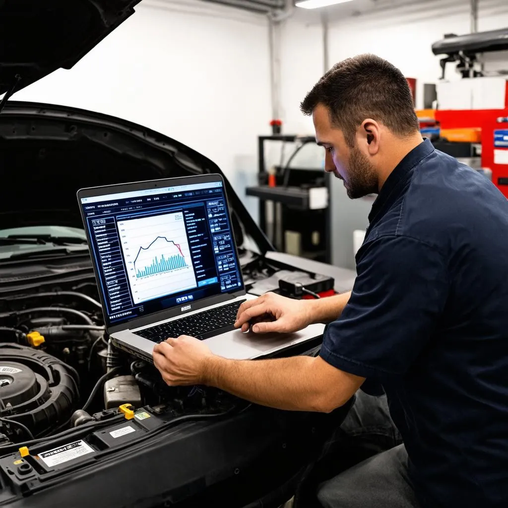  A mechanic using a laptop and a scan tool to diagnose a car problem 