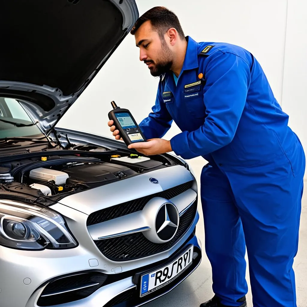 Mechanic using Autoenginuity scan tool on a car