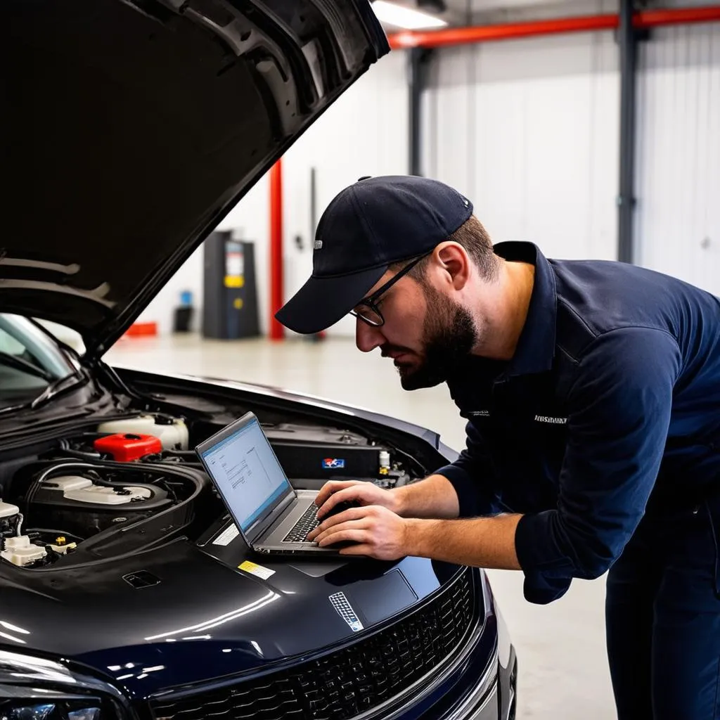 Mechanic using a laptop to diagnose a car