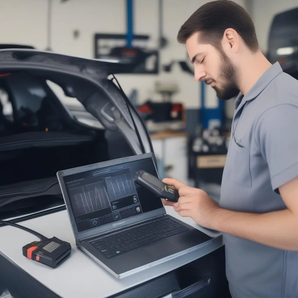 A mechanic using an OEM scan tool to diagnose a car's engine problem in a professional garage setting.