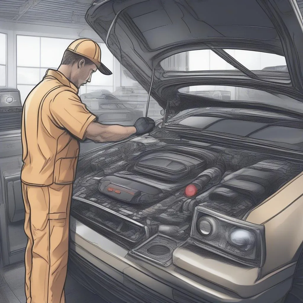 Mechanic using a car diagnostic scanner