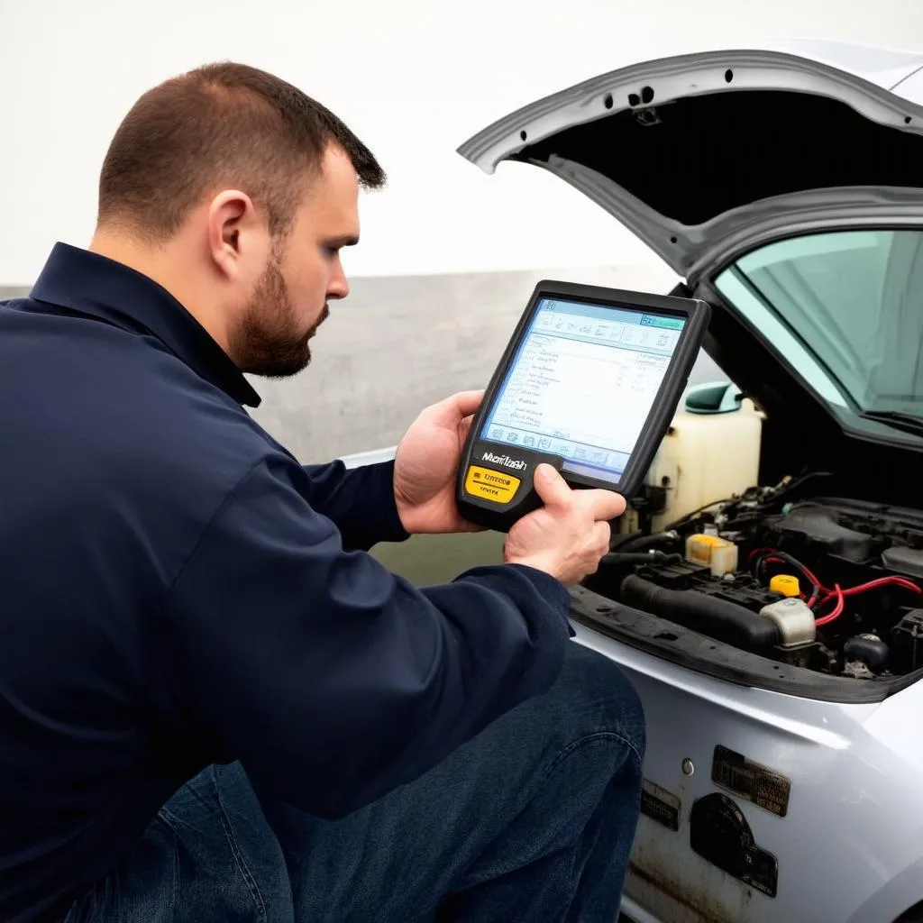 Mechanic using the Autel MaxiFlash J-2534 VCI MF2534 to diagnose a car problem