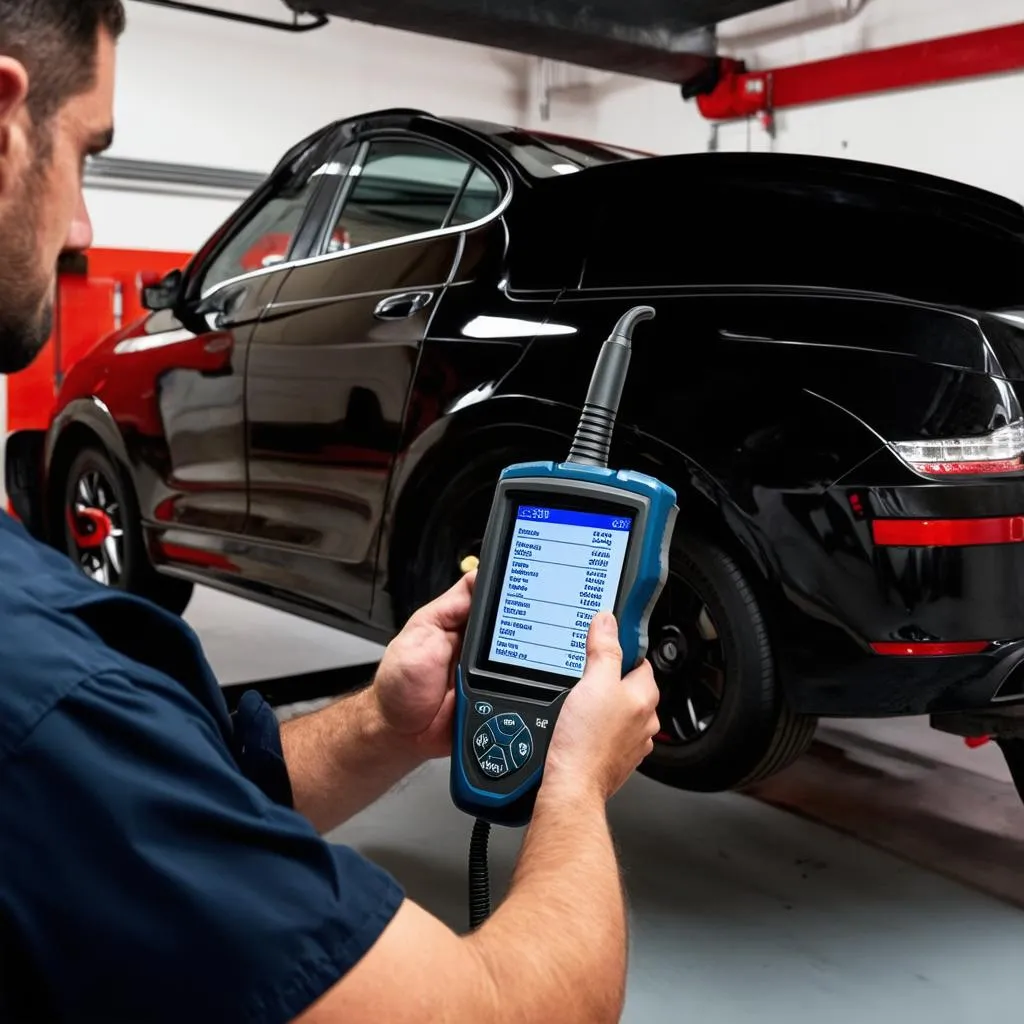 Mechanic using scanner on car