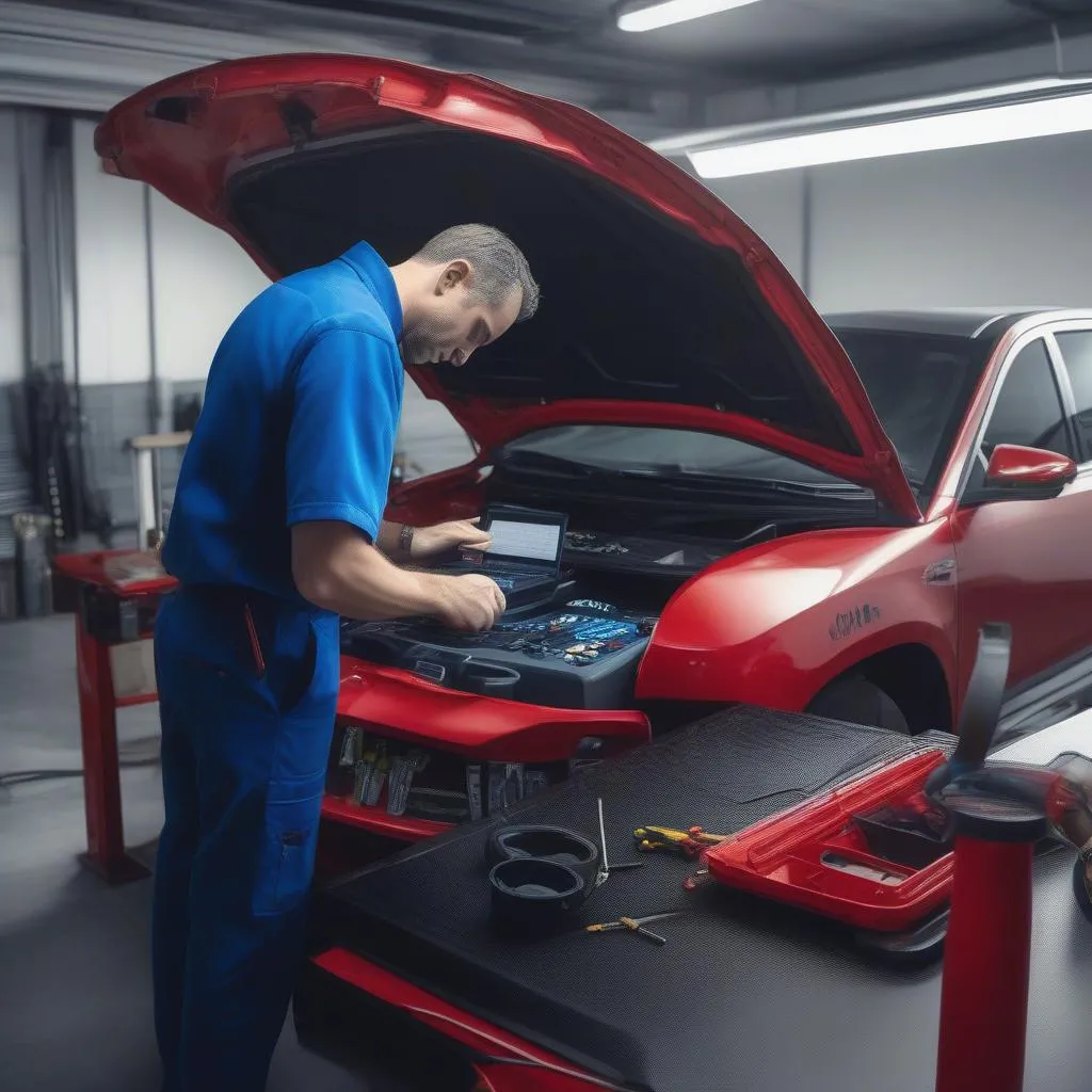 Mechanic working on a car engine with a diagnostic tool