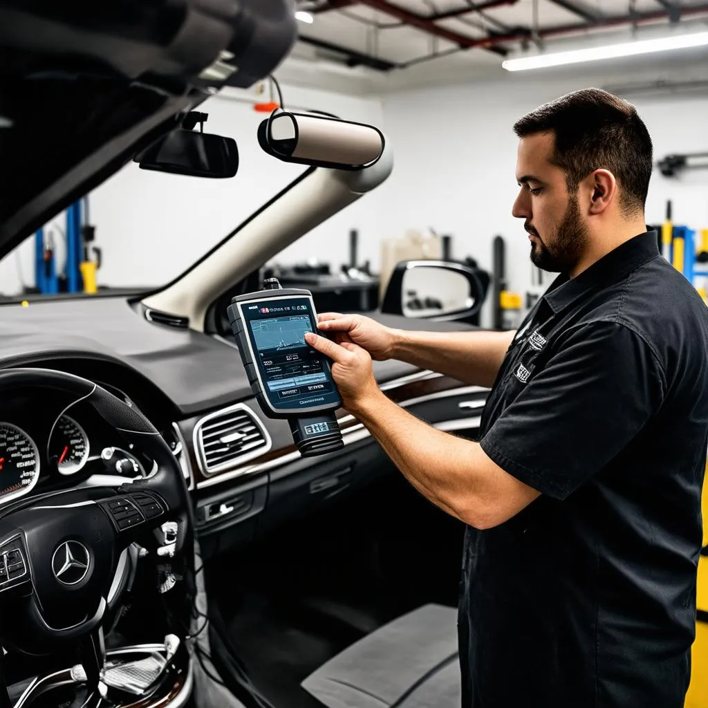 Mercedes Mechanic Using Scan Tool