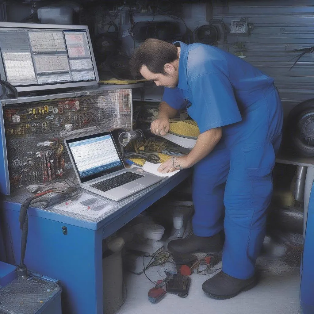 Mechanic analyzing SRS data on a laptop in a garage