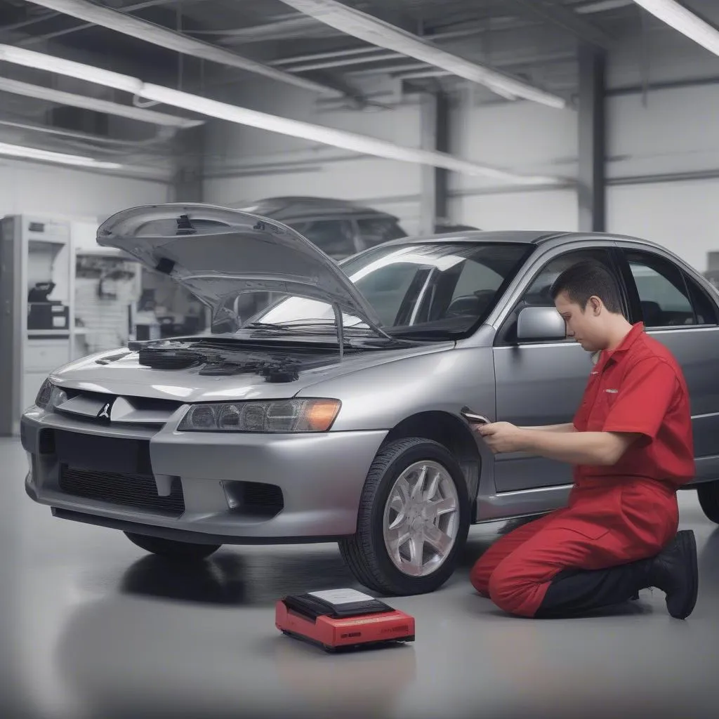 Mitsubishi mechanic connecting a scan tool to a car's OBD-II port