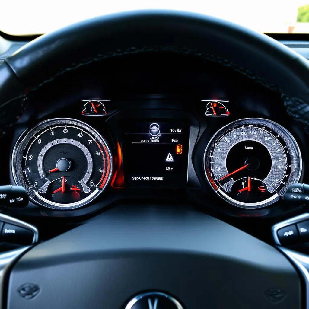 Close-up of car dashboard with check engine light illuminated