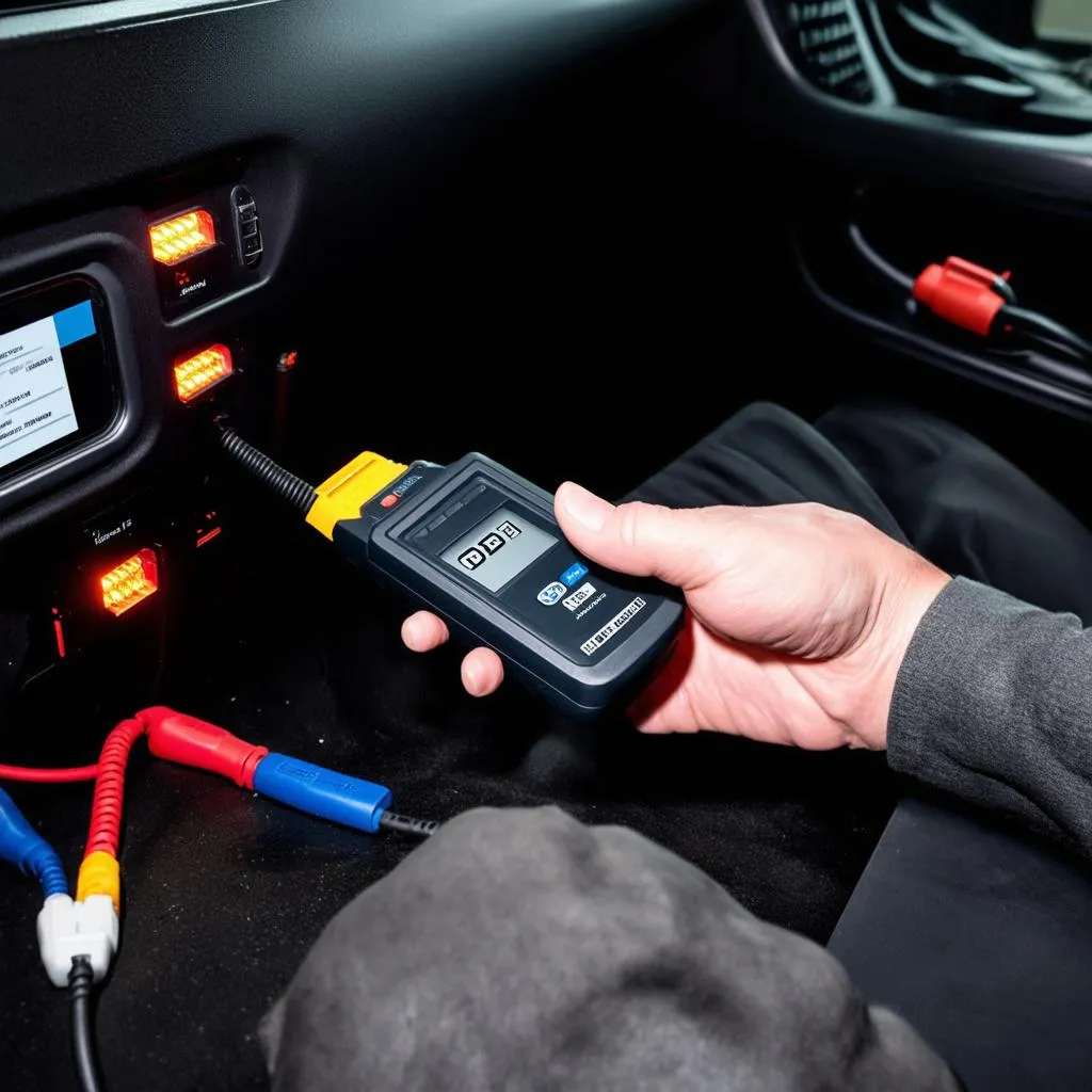 Car diagnostic tool plugged into a vehicle's OBD port