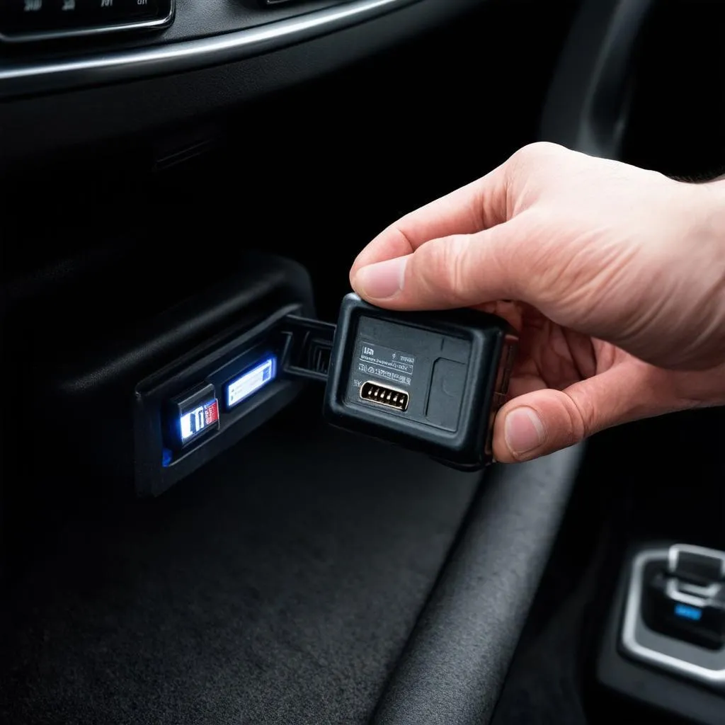 An OBD2 Scanner plugged into a car's diagnostic port.