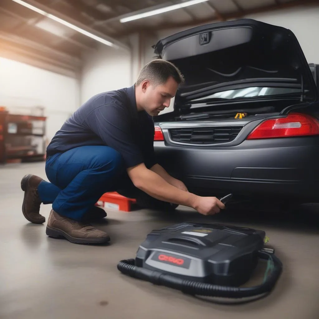 Mechanic connecting an OBD2 scanner to a car's port.