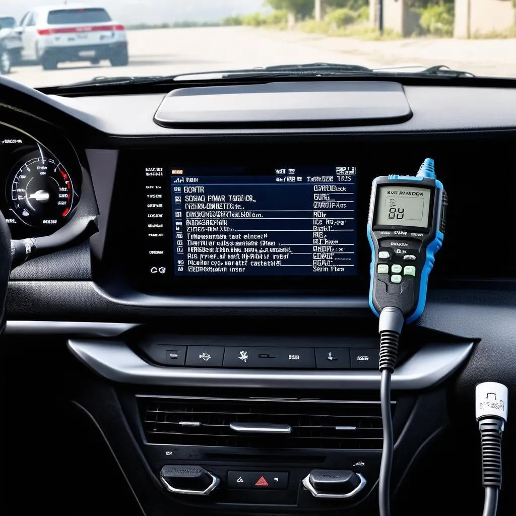 Modern car dashboard with an OEM scan tool plugged in