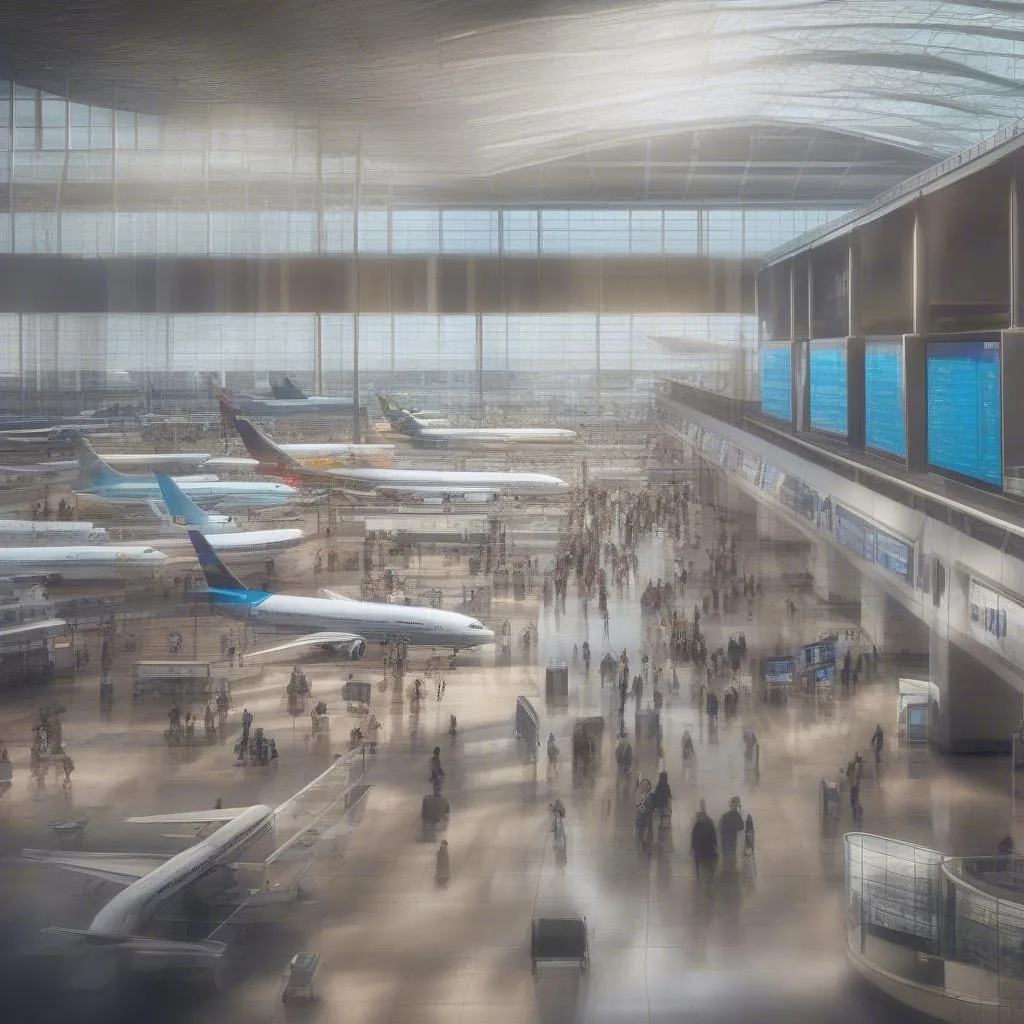 Busy airport terminal with travelers arriving and departing