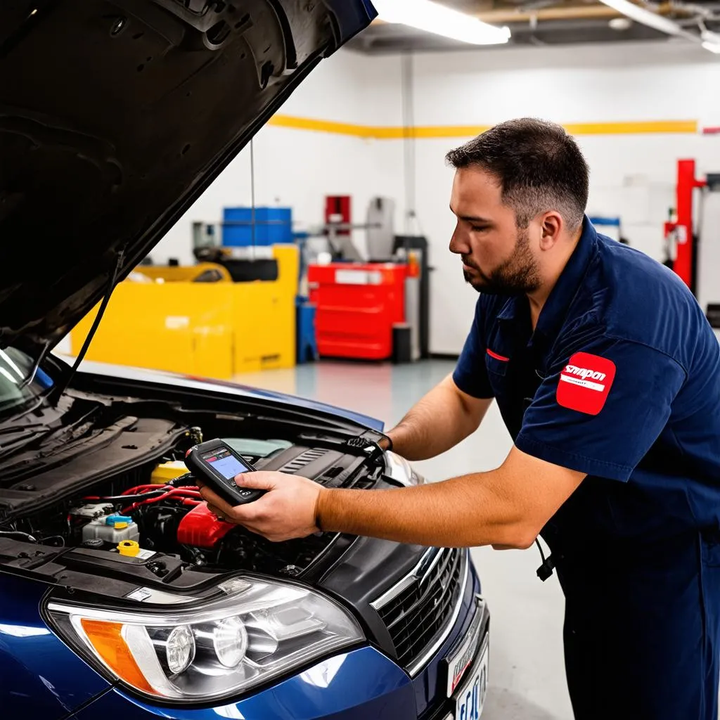 Mechanic using a Snap-on scan tool to diagnose a car problem