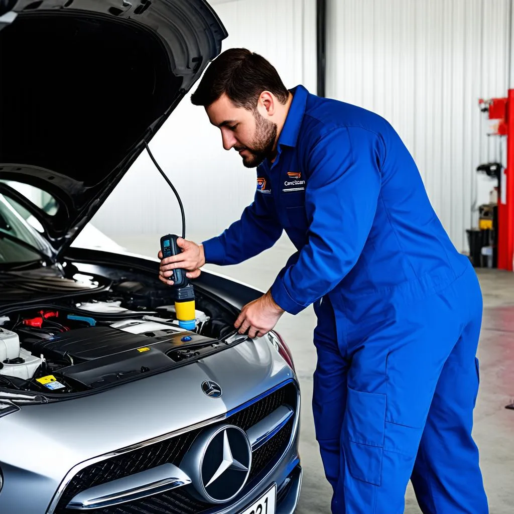 Modern car repair shop with a mechanic using a TopScan scanner to diagnose a car's engine.