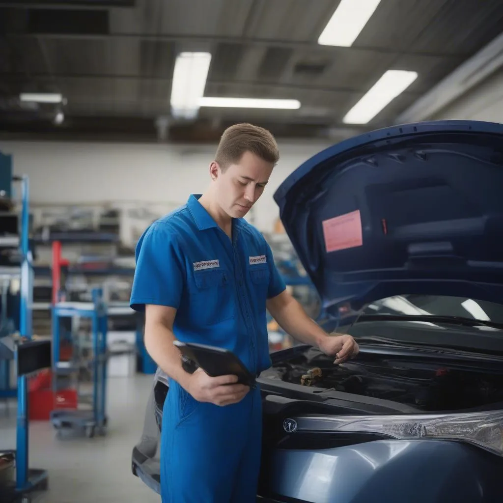 A Toyota mechanic in a repair shop uses a scan tool to diagnose a car's engine.