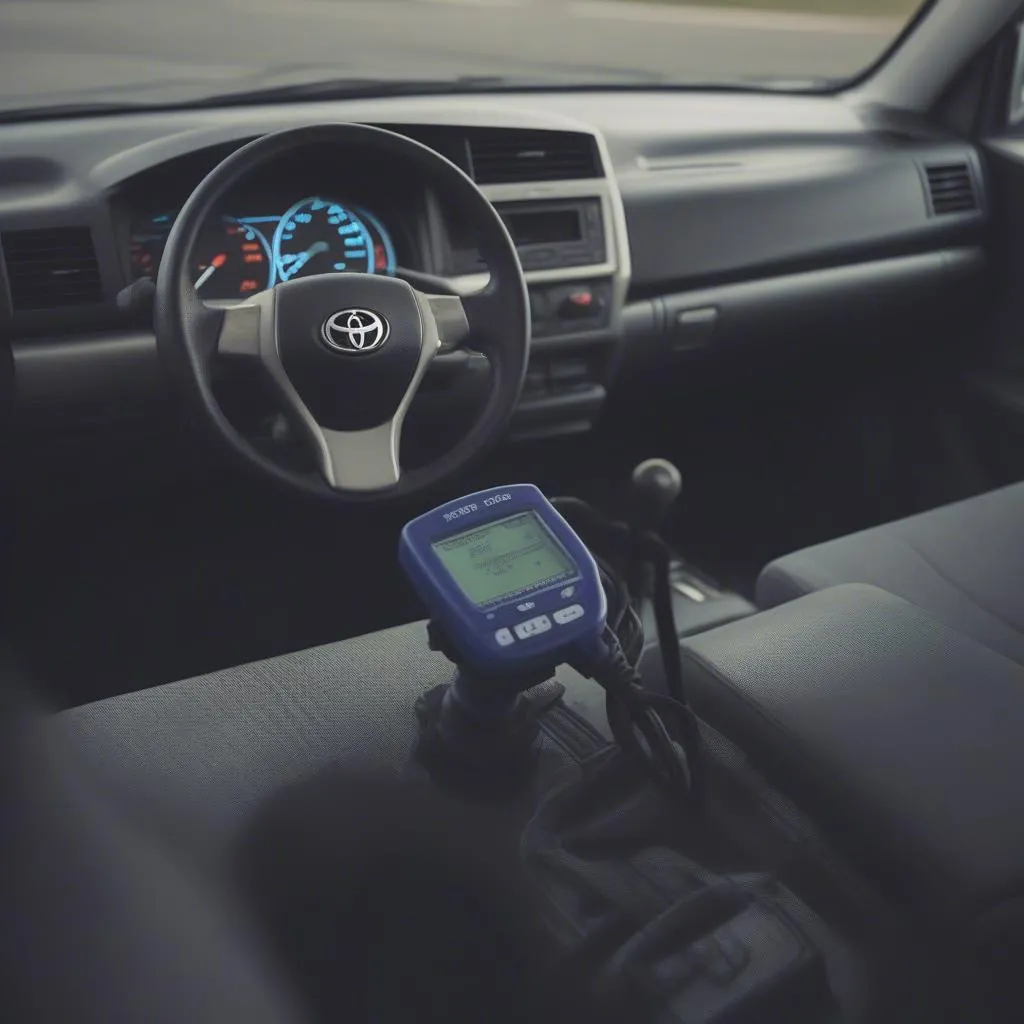 Close-up view of a Toyota scan tool plugged into a car's OBD-II port, displaying diagnostic codes on its screen.