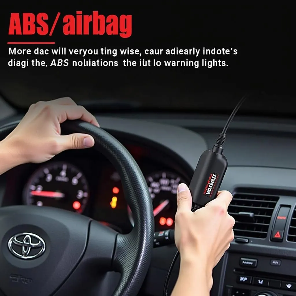 Mechanic using an ABS and airbag scan tool on a car's dashboard