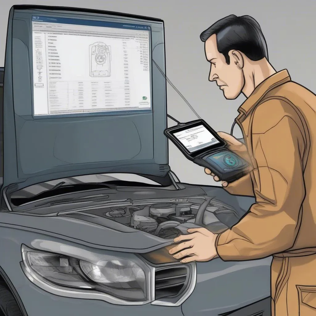 An Illustration of a Mechanic Using an ABS Brake Scan Tool