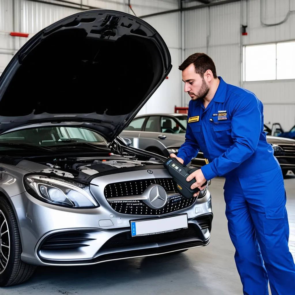 Mechanic using an ABS scan tool