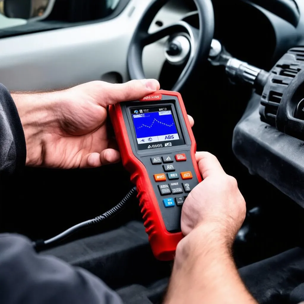 Mechanic using an ABS scan tool on a car