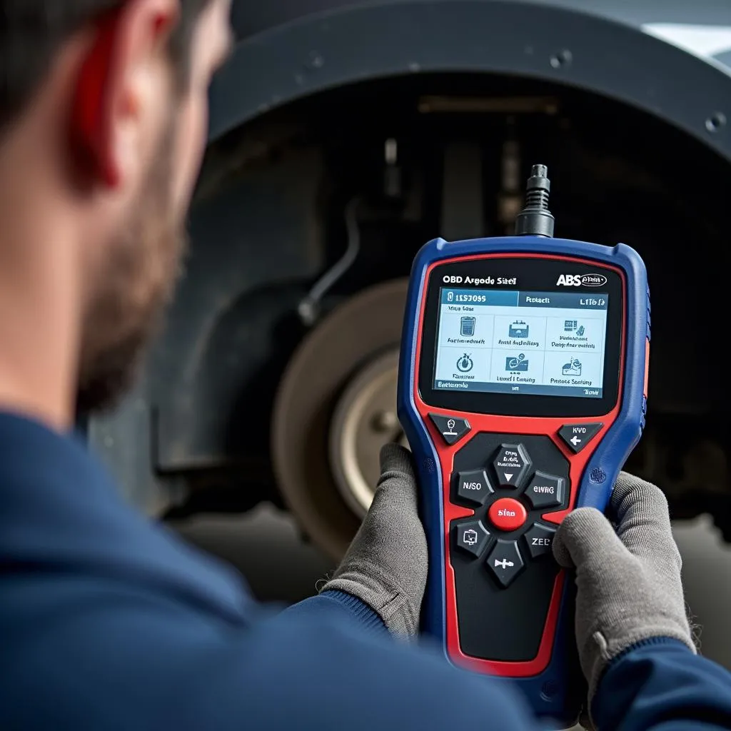 Mechanic using an ABS scan tool to bleed brakes