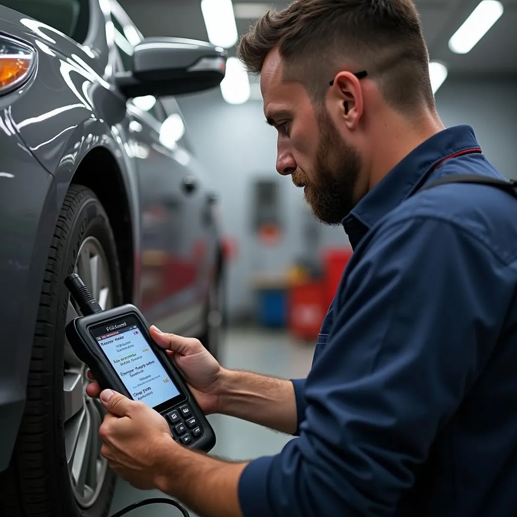 Mechanic using an ABS scan tool for diagnostics