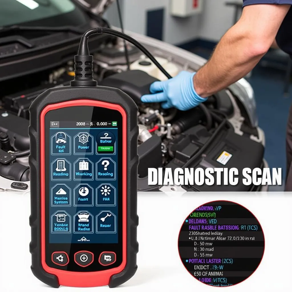 Mechanic using an accurate diagnostic scan tool on a car's dashboard