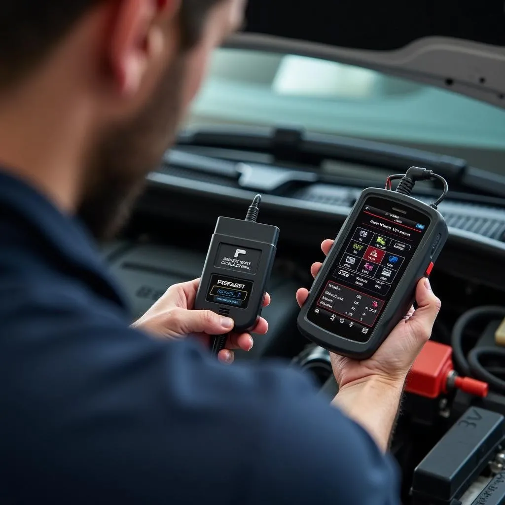 Mechanic using an active test scan tool on a car